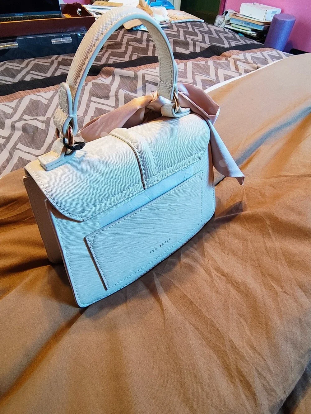 Ted Baker Cream Top-Handle Satchel with Pink Polka-Scarf Accent
